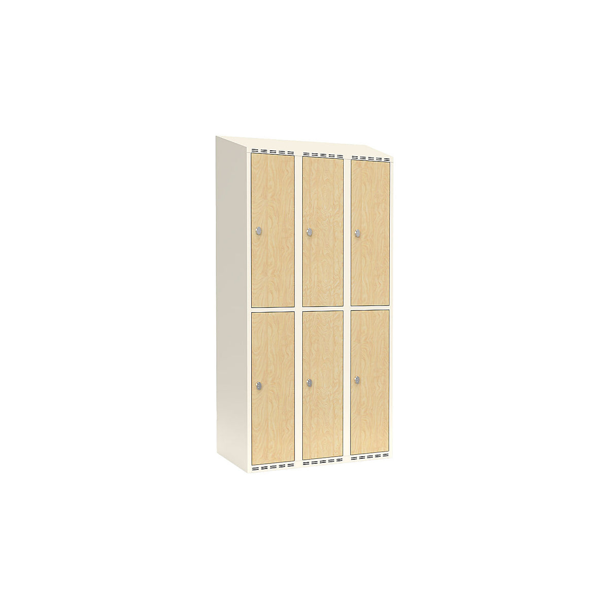 Fydor double deck clothes locker, HPL, 3 sections, white/birch, W 900 mm, sloping roof shape, padlock.