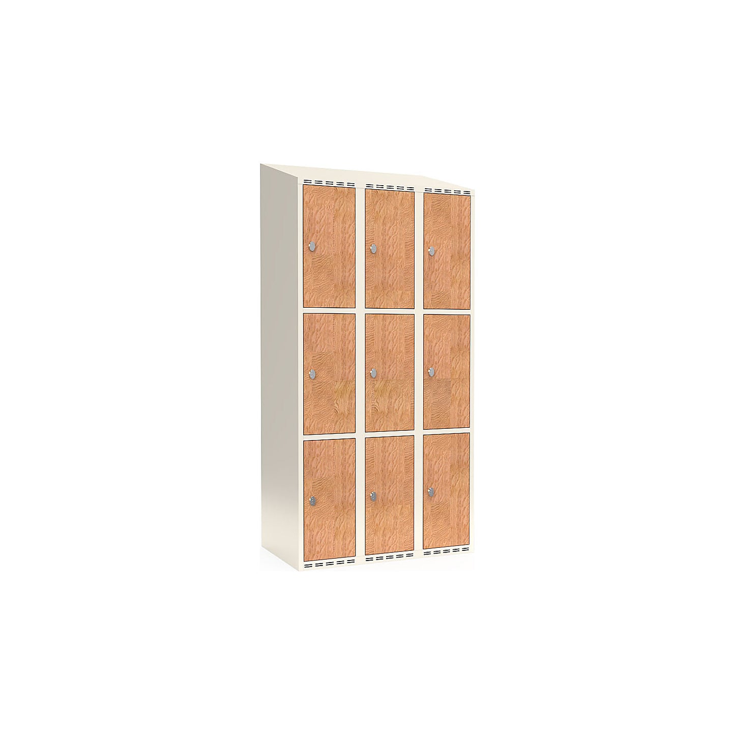 Fydor 3-door compartment locker, HPL, 3 sections, white/oak, W 900 mm, sloping roof shape, padlock.