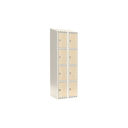 Fydor 4-door compartment locker, HPL, 2 sections, white/birch, W 600 mm, sloping roof shape, padlock.