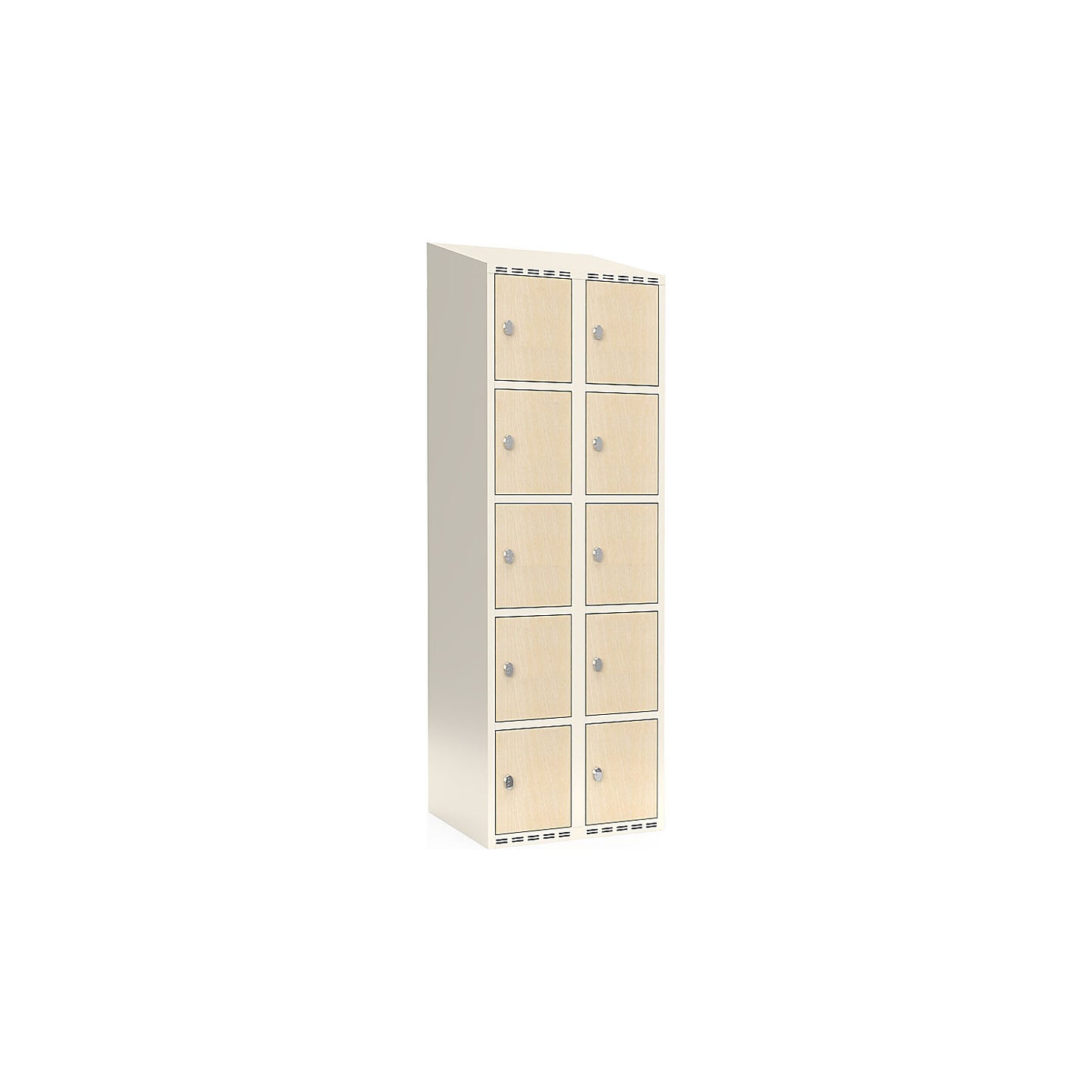 Fydor 5-door compartment locker, HPL, 2 sections, white/birch, W 600 mm, sloping roof shape, padlock.