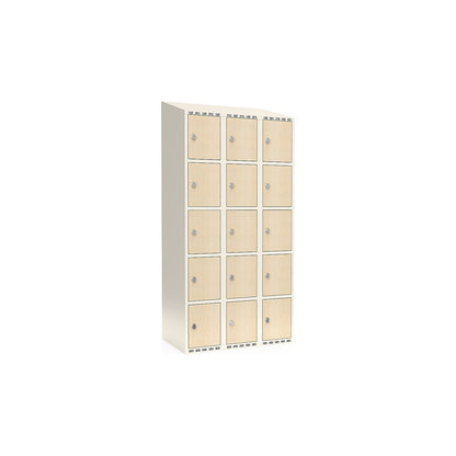 Fydor 5-door compartment locker, HPL, 3 sections, white/birch, W 900 mm, sloping roof shape, padlock.