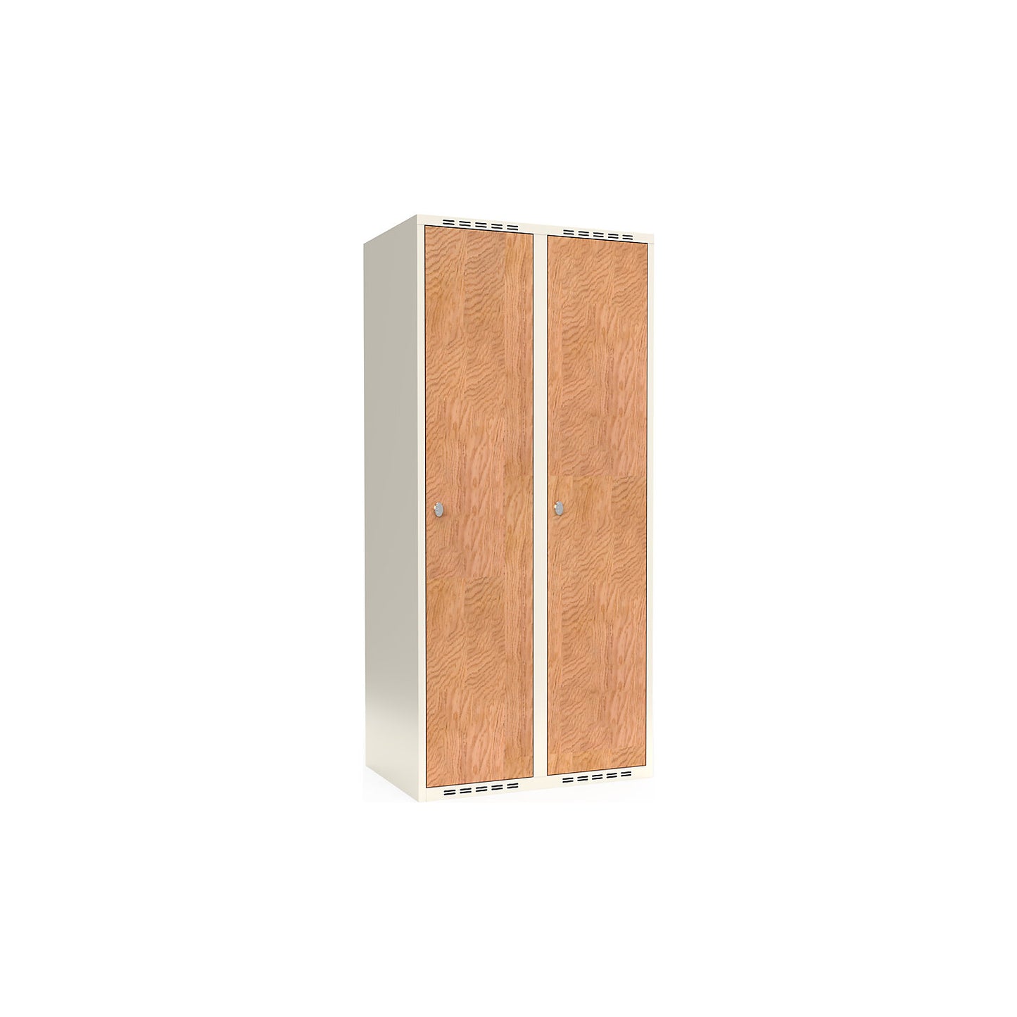 Fydor clothes locker, HPL, 2 sections, white/oak, W 800 mm, flat roof shape, padlock.