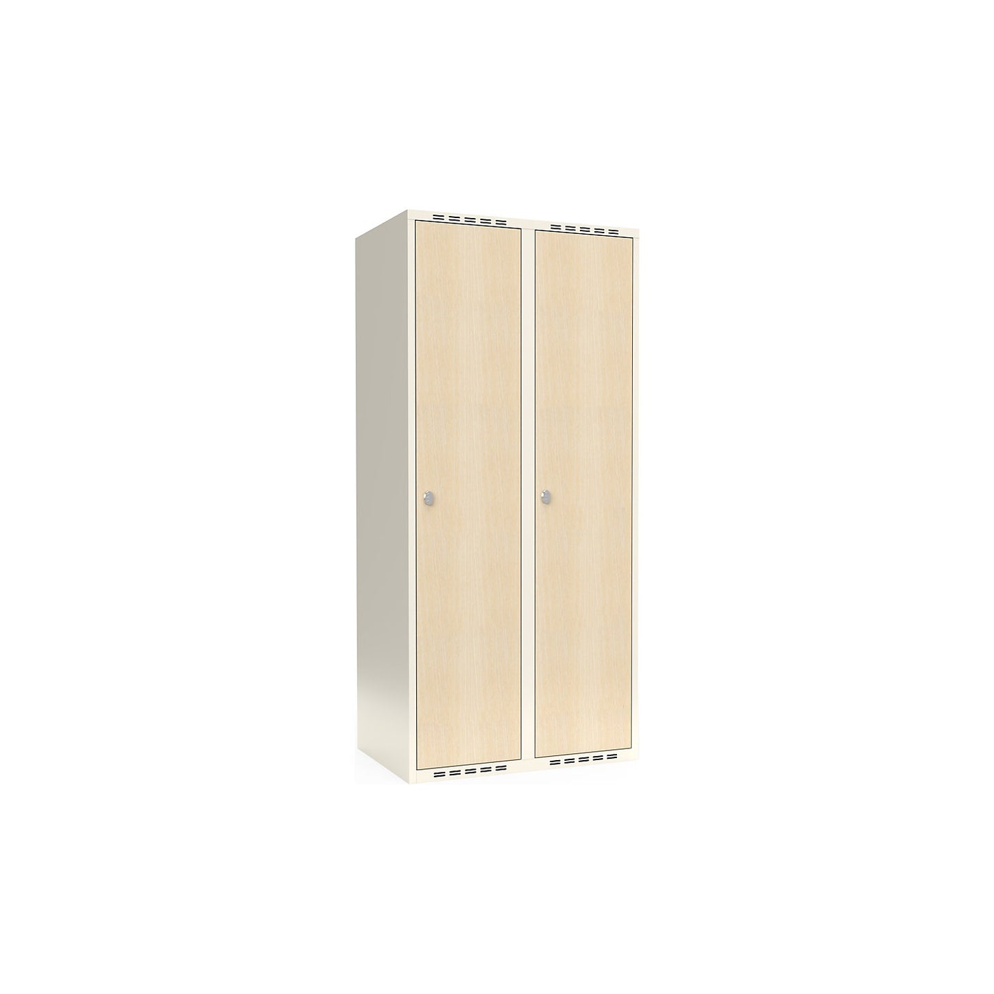 Fydor clothes locker, HPL, 2 sections, white/birch, W 800 mm, flat roof shape, padlock.