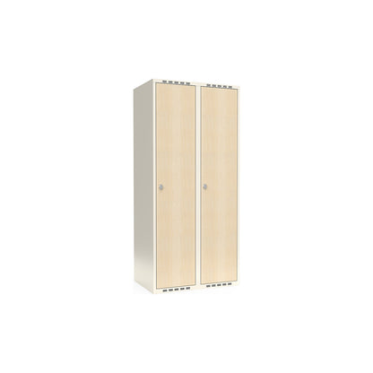 Fydor clothes locker, HPL, 2 sections, white/birch, W 800 mm, flat roof shape, padlock.