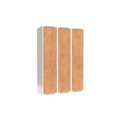 Fydor clothes locker, HPL, 3 sections, white/oak, W 1200 mm, flat roof shape, padlock.