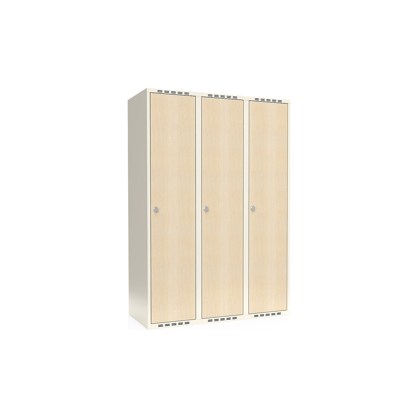 Fydor clothes locker, HPL, 3 sections, white/birch, W 1200 mm, flat roof shape, padlock.