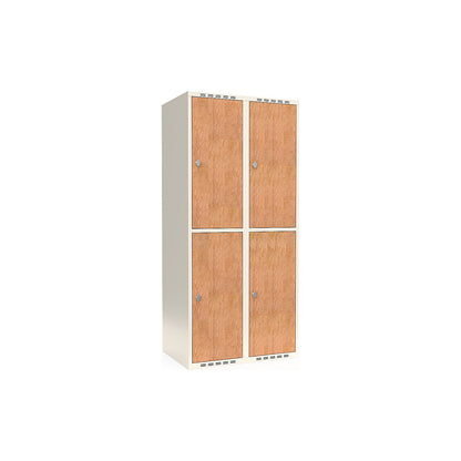 Fydor double deck clothes locker, HPL, 2 sections, white/oak, W 800 mm, flat roof shape, padlock.