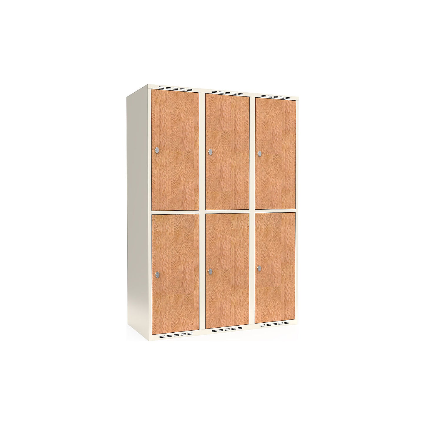 Fydor double deck clothes locker, HPL, 3 sections, white/oak, W 1200 mm, flat roof shape, padlock.