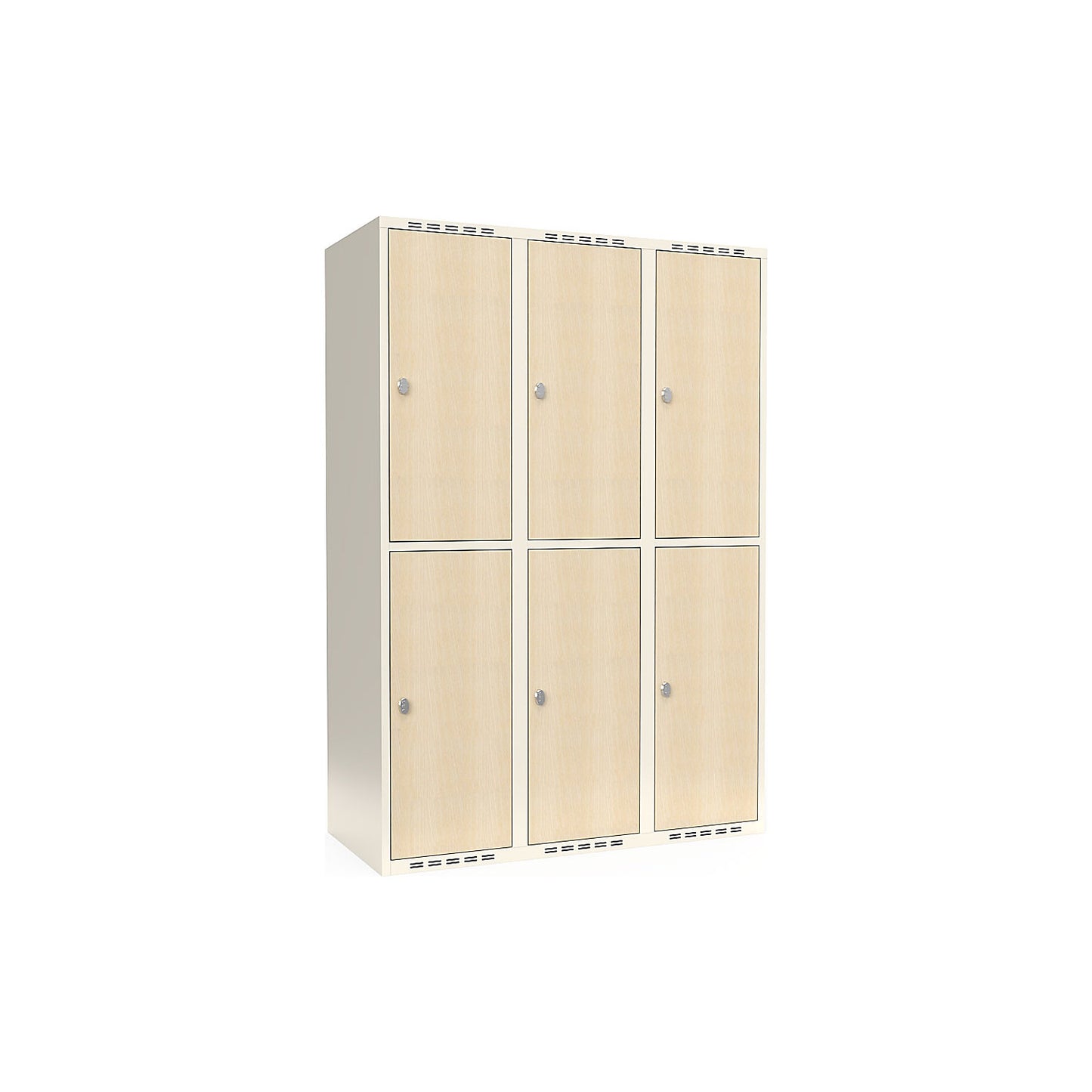 Fydor double deck clothes locker, HPL, 3 sections, white/birch, W 1200 mm, flat roof shape, padlock.