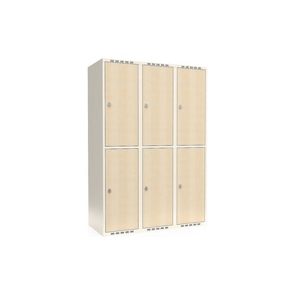 Fydor double deck clothes locker, HPL, 3 sections, white/birch, W 1200 mm, flat roof shape, padlock.
