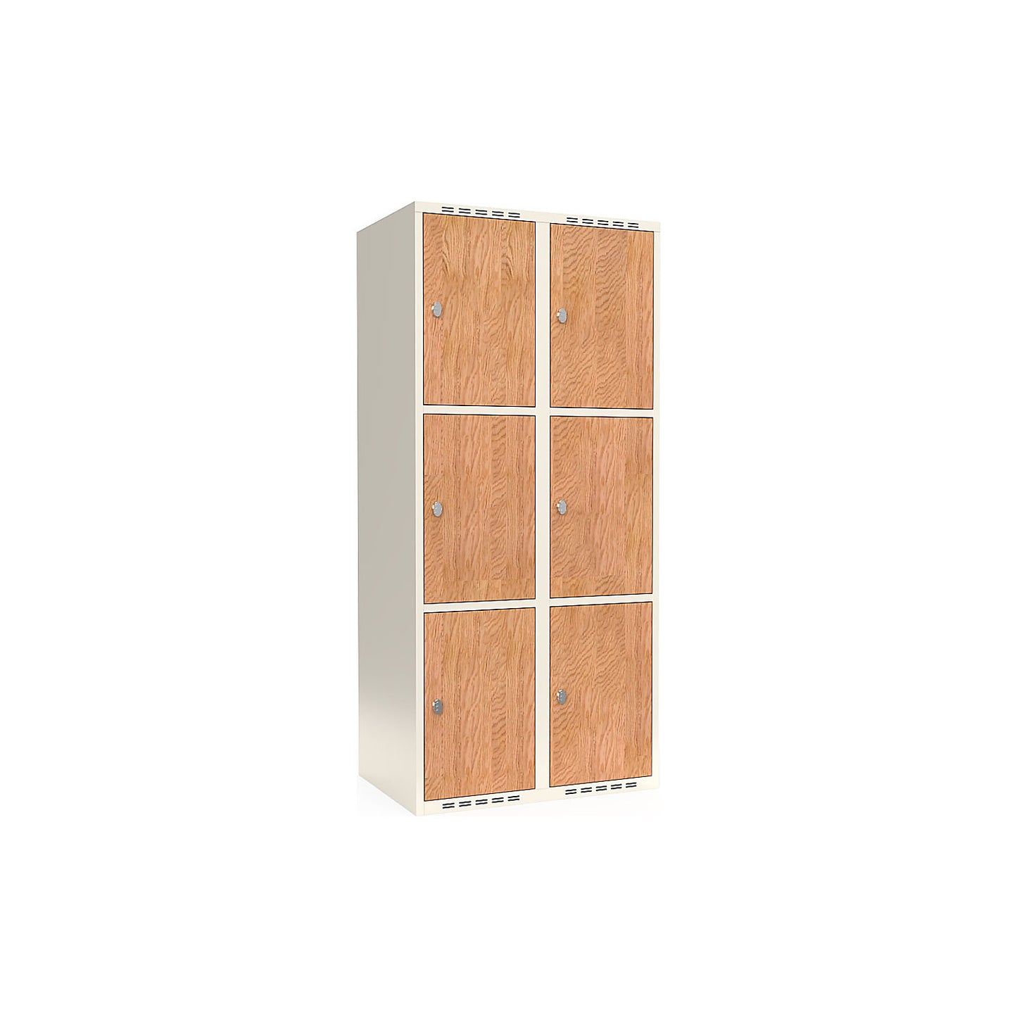 Fydor 3-door compartment locker, HPL, 2 sections, white/oak, W 800 mm, flat roof shape, padlock.