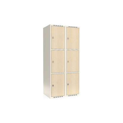 Fydor 3-door compartment locker, HPL, 2 sections, white/birch, W 800 mm, flat roof shape, padlock.