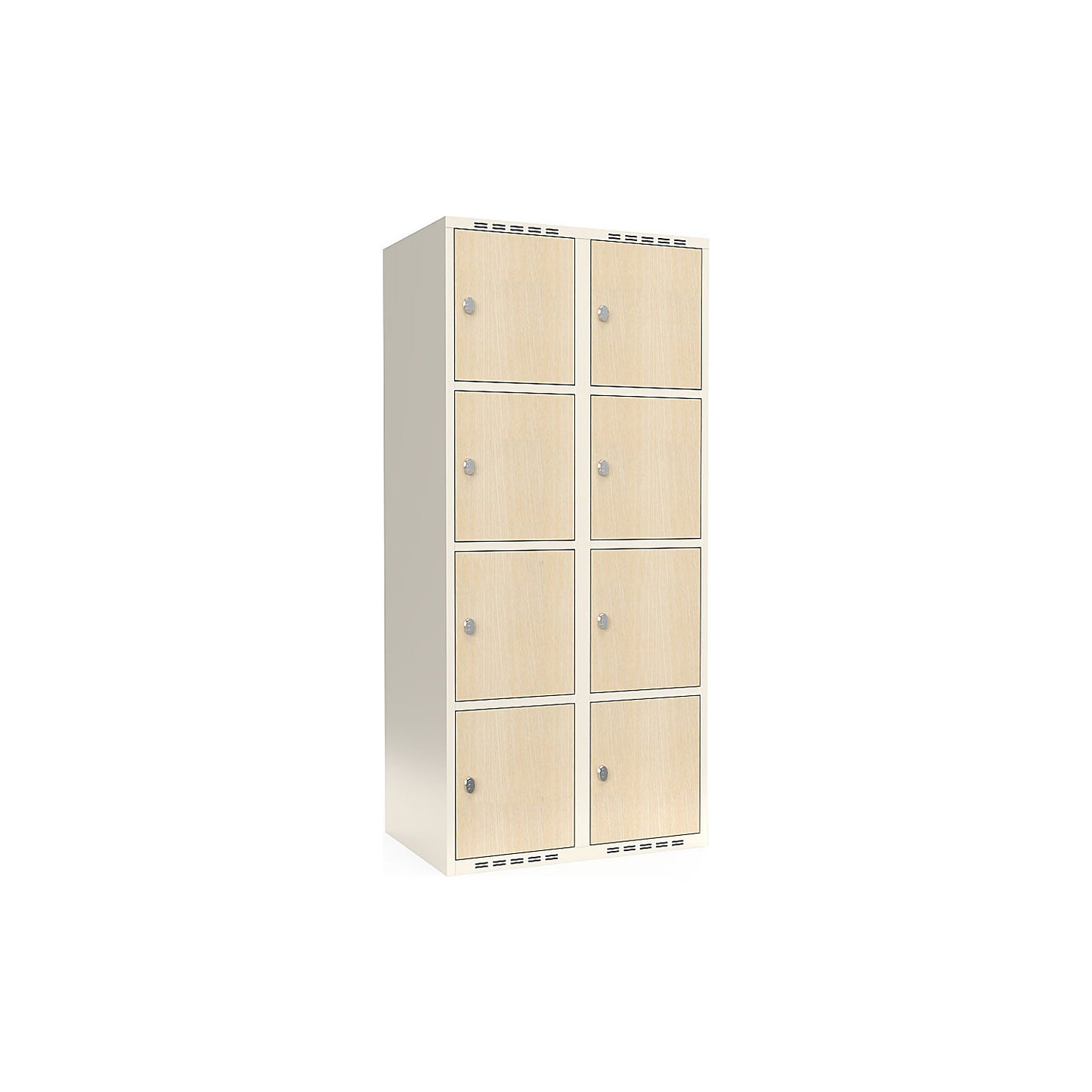 Fydor 4-door compartment locker, HPL, 2 sections, white/birch, W 800 mm, flat roof shape, padlock.