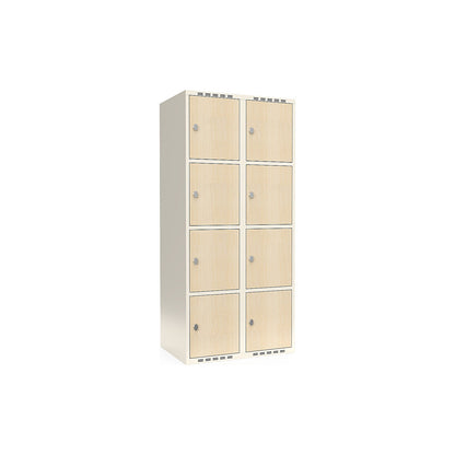 Fydor 4-door compartment locker, HPL, 2 sections, white/birch, W 800 mm, flat roof shape, padlock.