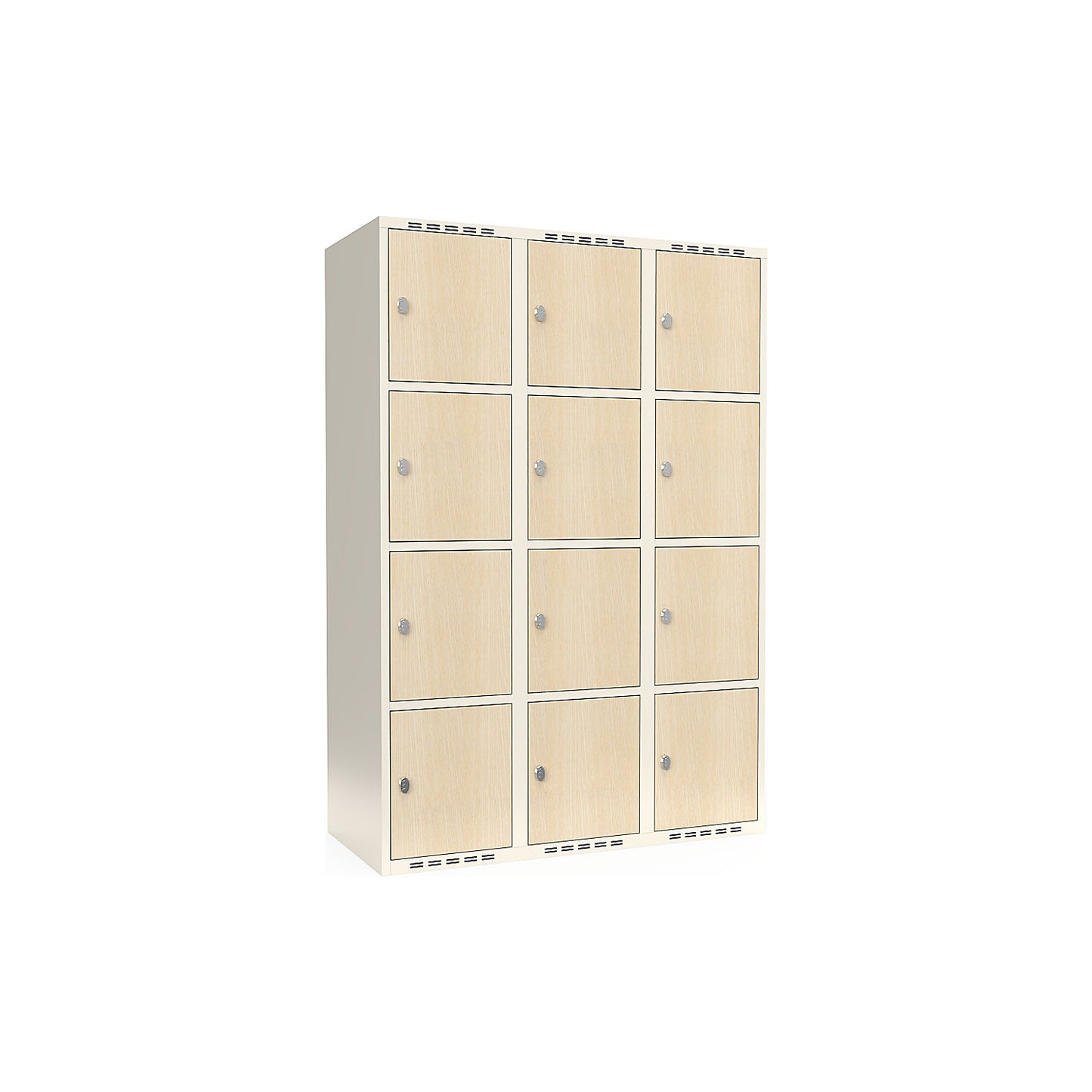 Fydor 4-door compartment locker, HPL, 3 sections, white/birch, W 1200 mm, flat roof shape, padlock.