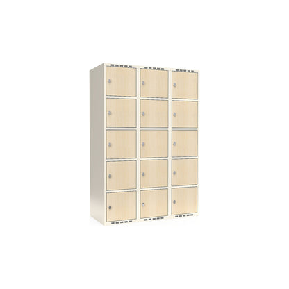 Fydor 5-door compartment locker, HPL, 3 sections, white/birch, W 1200 mm, flat roof shape, padlock.