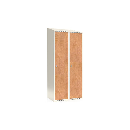 Fydor clothes locker, HPL, 2 sections, white/oak, W 800 mm, sloping roof shape, padlock.