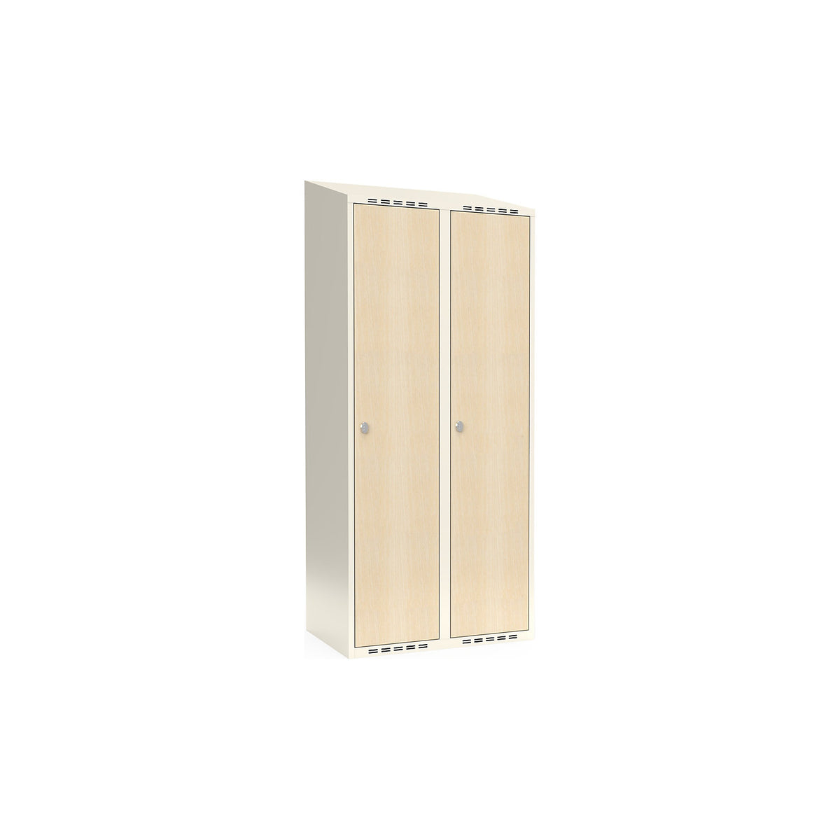 Fydor clothes locker, HPL, 2 sections, white/birch, W 800 mm, sloping roof shape, padlock.