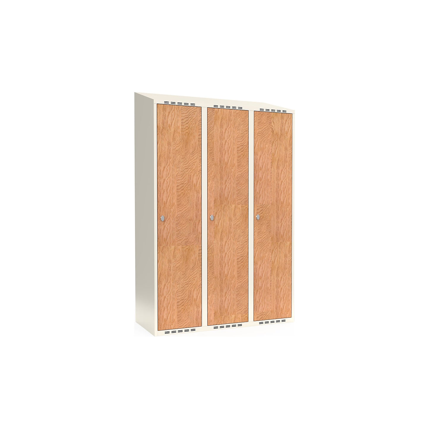 Fydor clothes locker, HPL, 3 sections, white/oak, W 1200 mm, sloping roof shape, padlock.