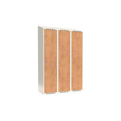 Fydor clothes locker, HPL, 3 sections, white/oak, W 1200 mm, sloping roof shape, padlock.