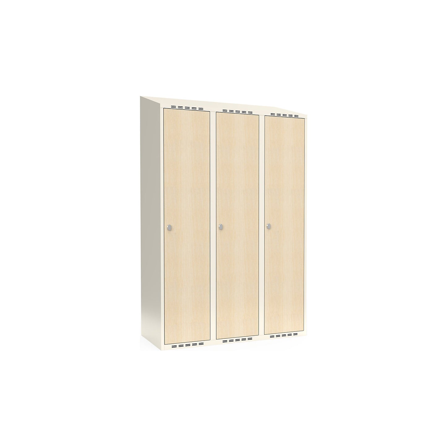 Fydor clothes locker, HPL, 3 sections, white/birch, W 1200 mm, sloping roof shape, padlock.