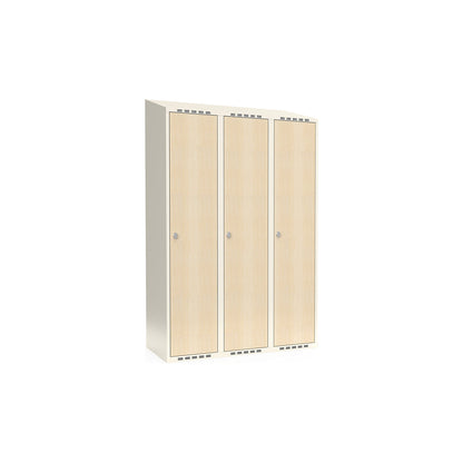 Fydor clothes locker, HPL, 3 sections, white/birch, W 1200 mm, sloping roof shape, padlock.