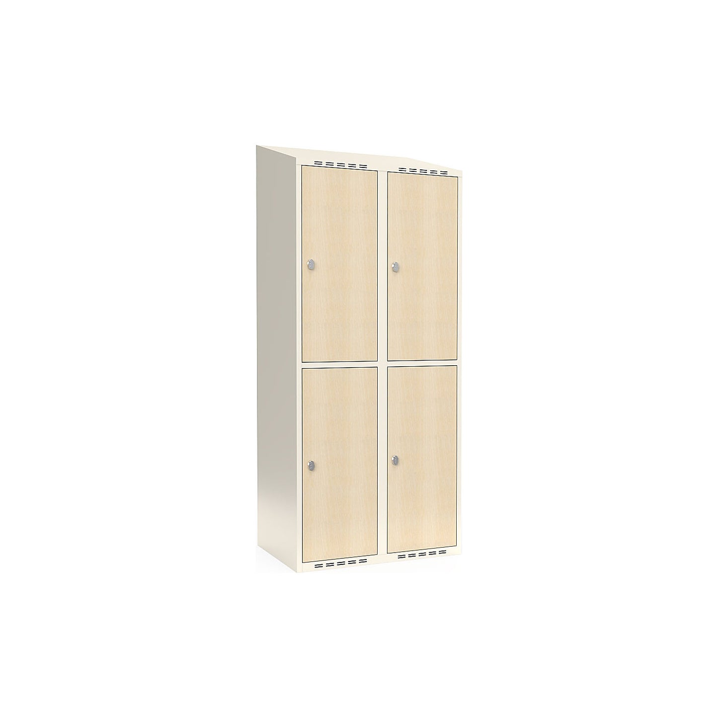 Fydor double deck clothes locker, HPL, 2 sections, white/birch, W 800 mm, sloping roof shape, padlock.