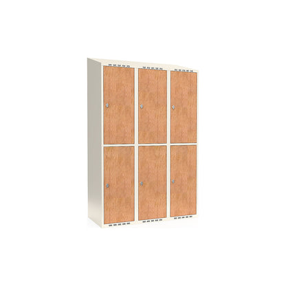 Fydor double deck clothes locker, HPL, 3 sections, white/oak, W 1200 mm, sloping roof shape, padlock.