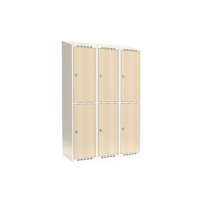Fydor double deck clothes locker, HPL, 3 sections, white/birch, W 1200 mm, sloping roof shape, padlock.