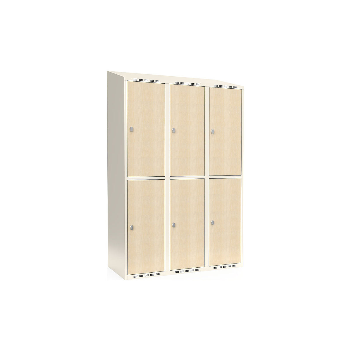 Fydor double deck clothes locker, HPL, 3 sections, white/birch, W 1200 mm, sloping roof shape, padlock.