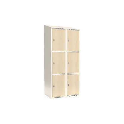 Fydor 3-door compartment locker, HPL, 2 sections, white/birch, W 800 mm, sloping roof shape, padlock.