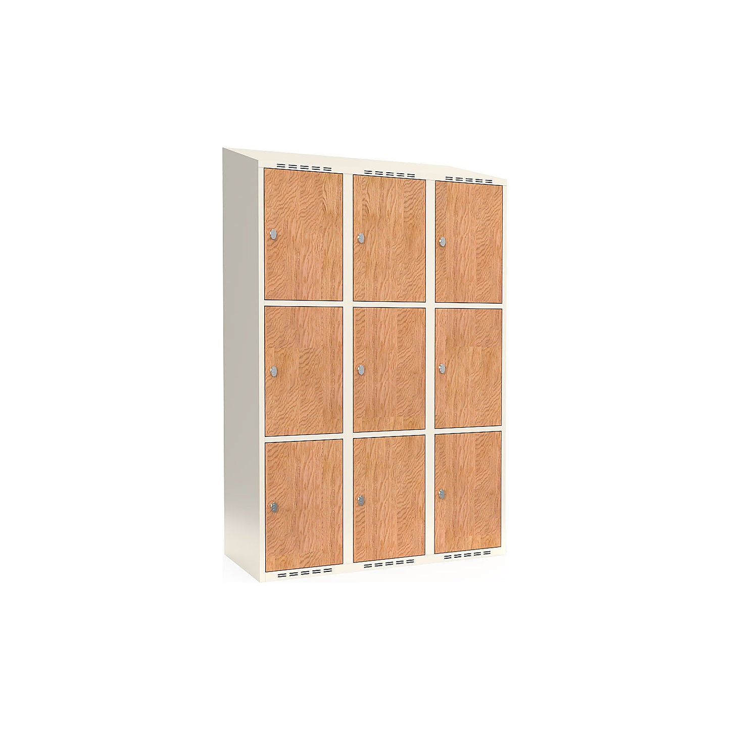 Fydor 3-door compartment locker, HPL, 3 sections, white/oak, W 1200 mm, sloping roof shape, padlock.