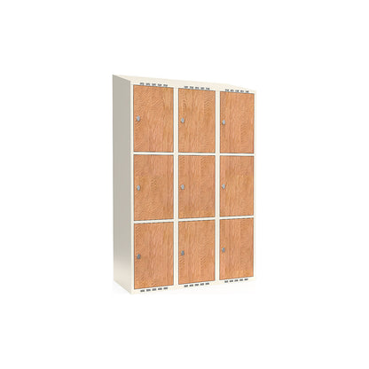 Fydor 3-door compartment locker, HPL, 3 sections, white/oak, W 1200 mm, sloping roof shape, padlock.