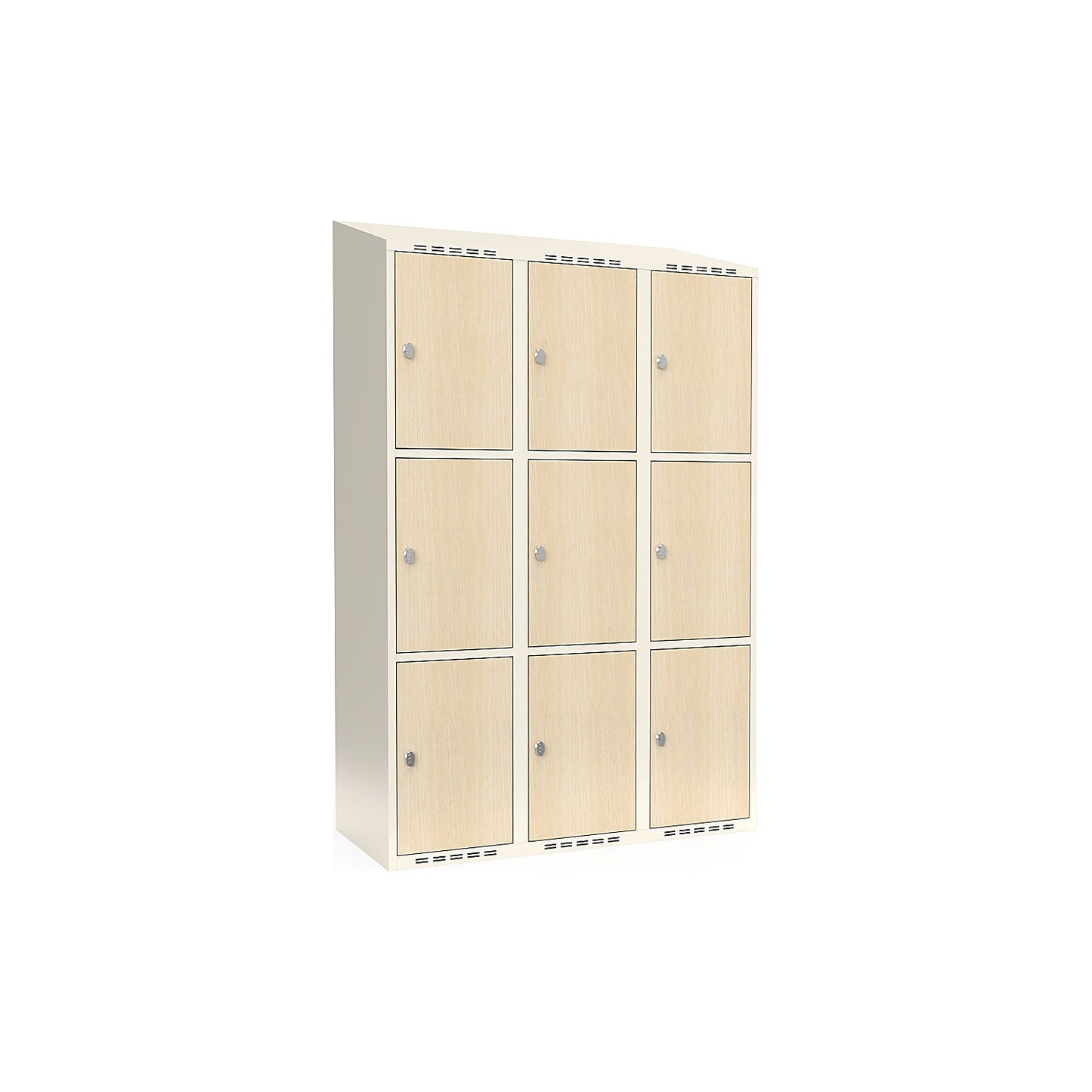 Fydor 3-door compartment locker, HPL, 3 sections, white/birch, W 1200 mm, sloping roof shape, padlock.