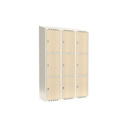 Fydor 3-door compartment locker, HPL, 3 sections, white/birch, W 1200 mm, sloping roof shape, padlock.