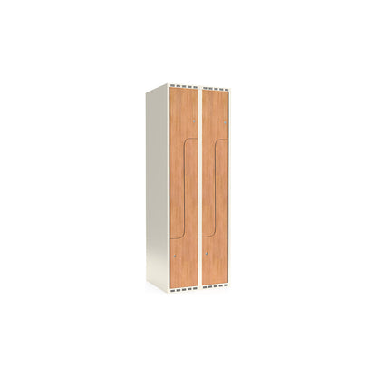 Fydor Z clothes locker, HPL, 2 sections, white/oak, W 600 mm, flat roof shape, cylinder lock.