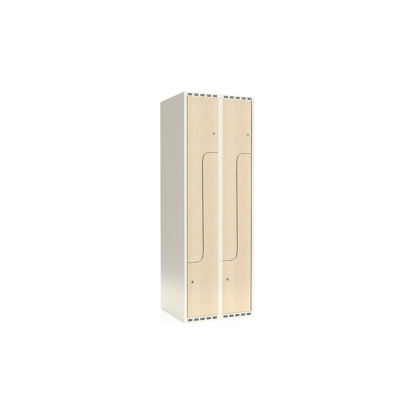 Fydor Z clothes locker, HPL, 2 sections, white/birch, W 600 mm, flat roof shape, cylinder lock.