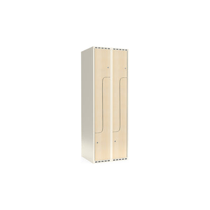 Fydor Z clothes locker, HPL, 2 sections, white/birch, W 600 mm, flat roof shape, cylinder lock.