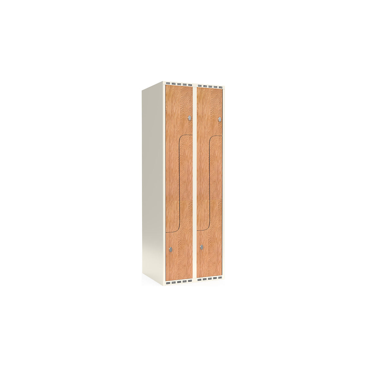Fydor Z clothes locker, HPL, 2 sections, white/oak, W 600 mm, flat roof shape, padlock.