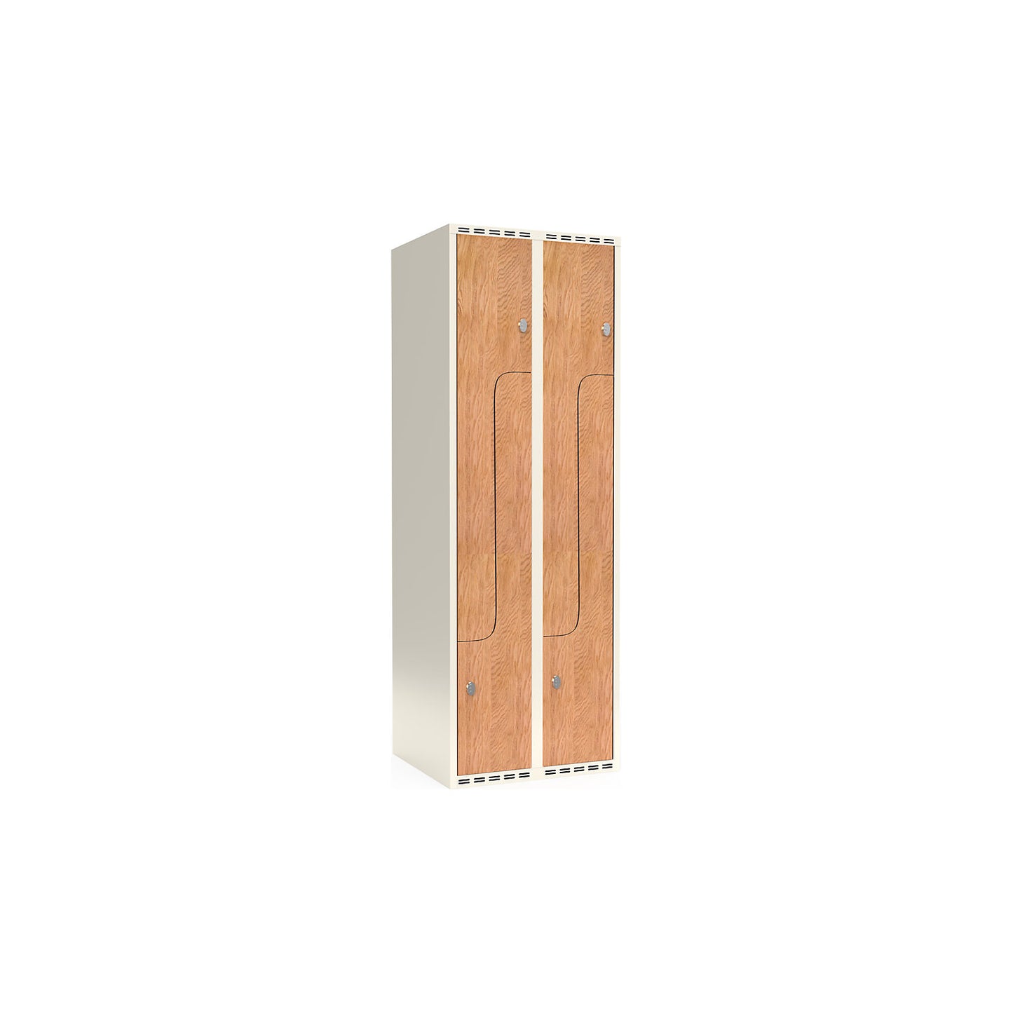 Fydor Z clothes locker, HPL, 2 sections, white/oak, W 600 mm, flat roof shape, padlock.