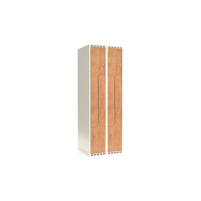 Fydor Z clothes locker, HPL, 2 sections, white/oak, W 600 mm, flat roof shape, padlock.