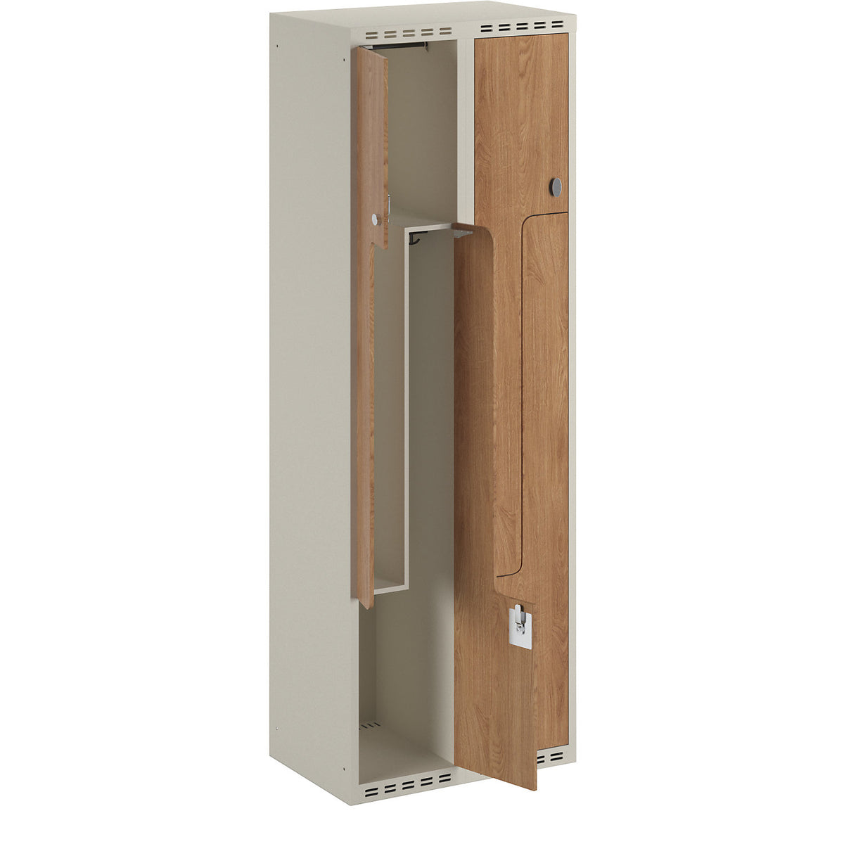 Fydor Z clothes locker, HPL, 2 sections, white/oak, W 600 mm, flat roof shape, padlock.
