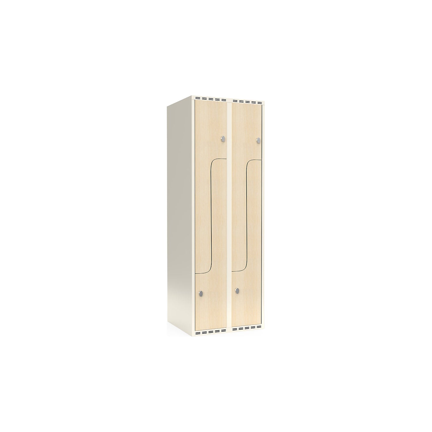 Fydor Z clothes locker, HPL, 2 sections, white/birch, W 600 mm, flat roof shape, padlock.