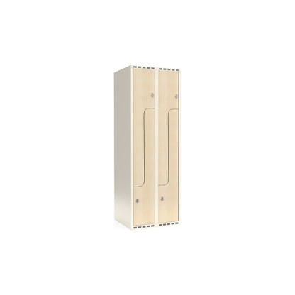 Fydor Z clothes locker, HPL, 2 sections, white/birch, W 600 mm, flat roof shape, padlock.