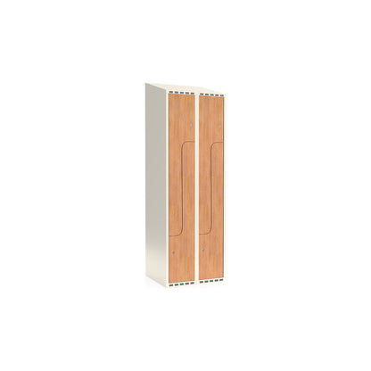 Fydor Z clothes locker, HPL, 2 sections, white/oak, W 600 mm, sloping roof shape, cylinder lock.