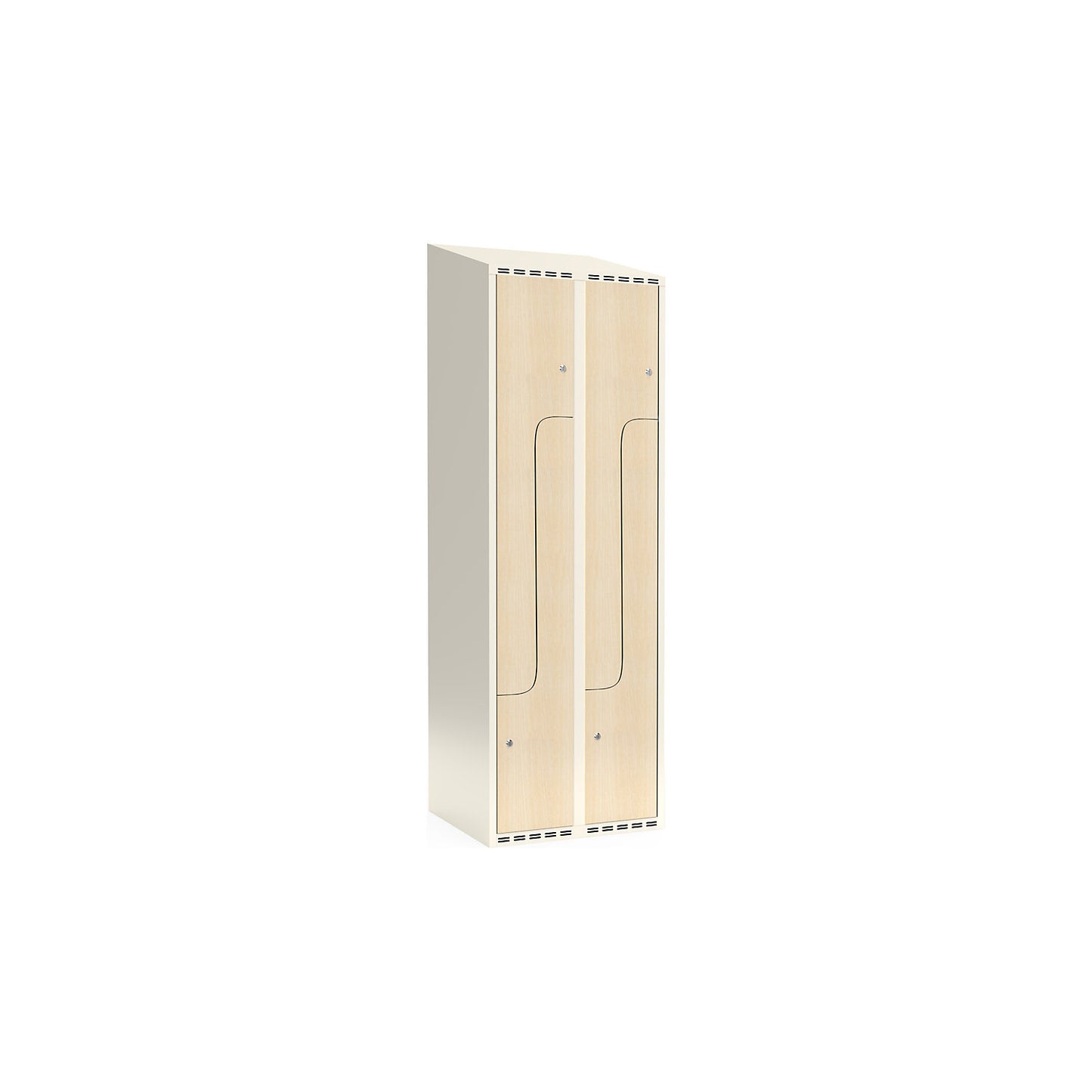 Fydor Z clothes locker, HPL, 2 sections, white/birch, W 600 mm, sloping roof shape, cylinder lock.