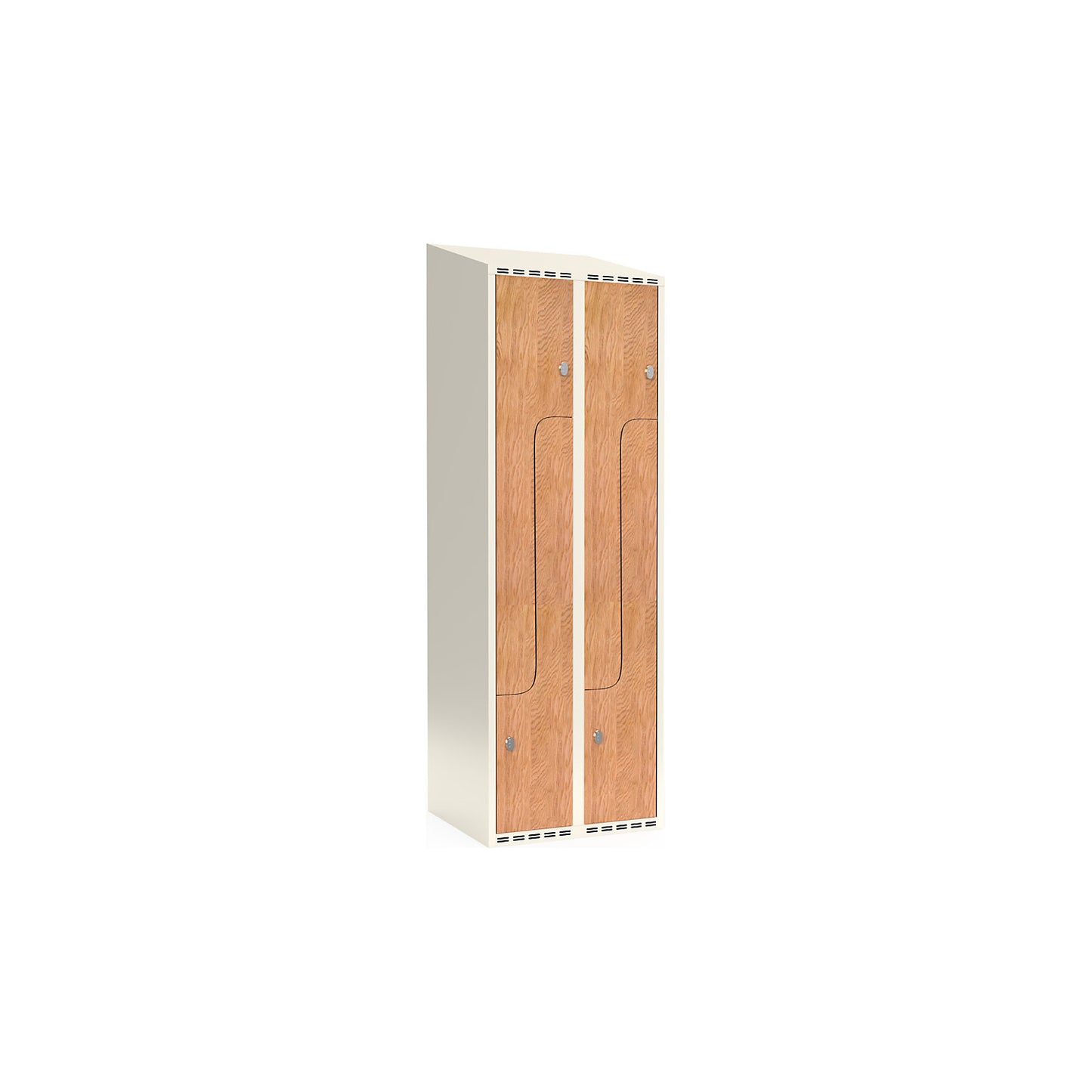 Fydor Z clothes locker, HPL, 2 sections, white/oak, W 600 mm, sloping roof shape, padlock.
