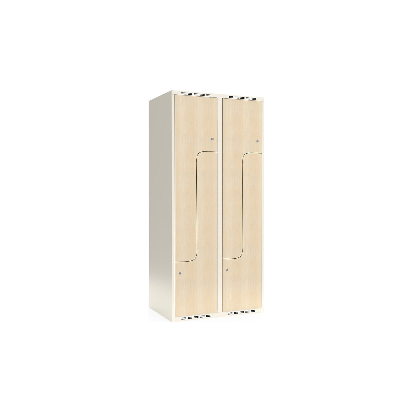 Fydor Z clothes locker, HPL, 2 sections, white/birch, W 800 mm, flat roof shape, cylinder lock.