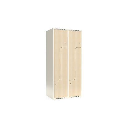Fydor Z clothes locker, HPL, 2 sections, white/birch, W 800 mm, flat roof shape, cylinder lock.