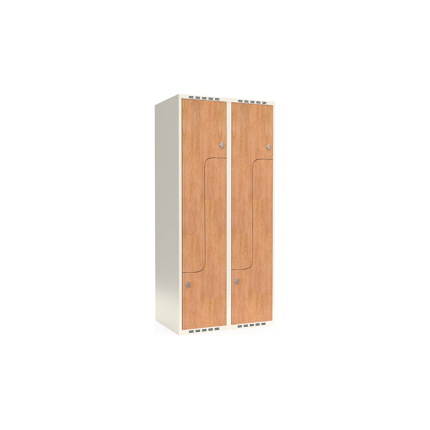 Fydor Z clothes locker, HPL, 2 sections, white/oak, W 800 mm, flat roof shape, padlock.